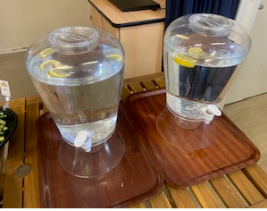 image of water jugs available for students at lunch time   