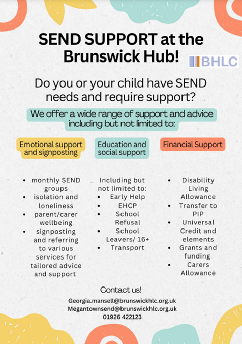 Poster providing information about SEND support offered through the Brunswick Hub.