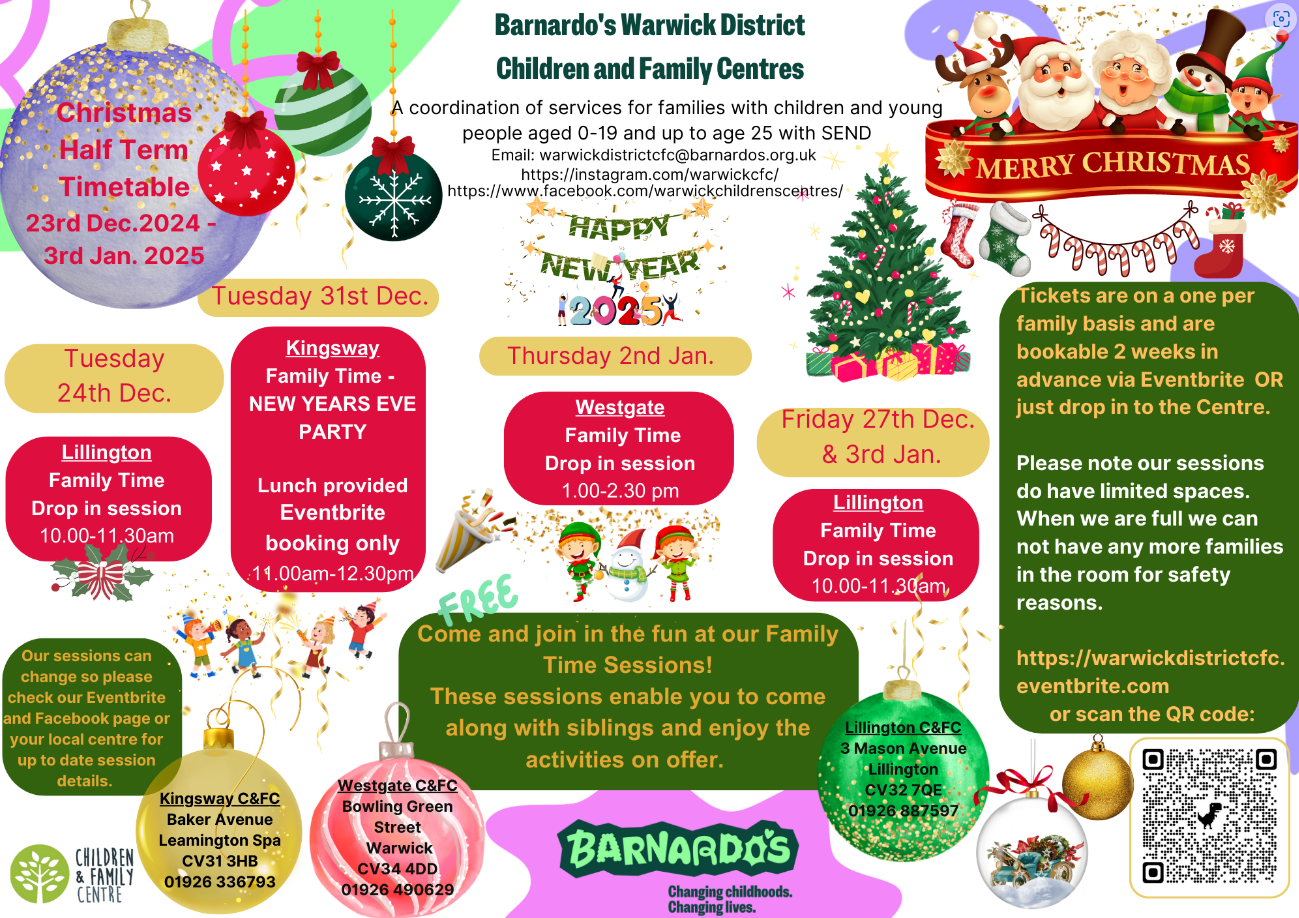 Poster for Children & Family Centres' activities over the Christmas holiday.