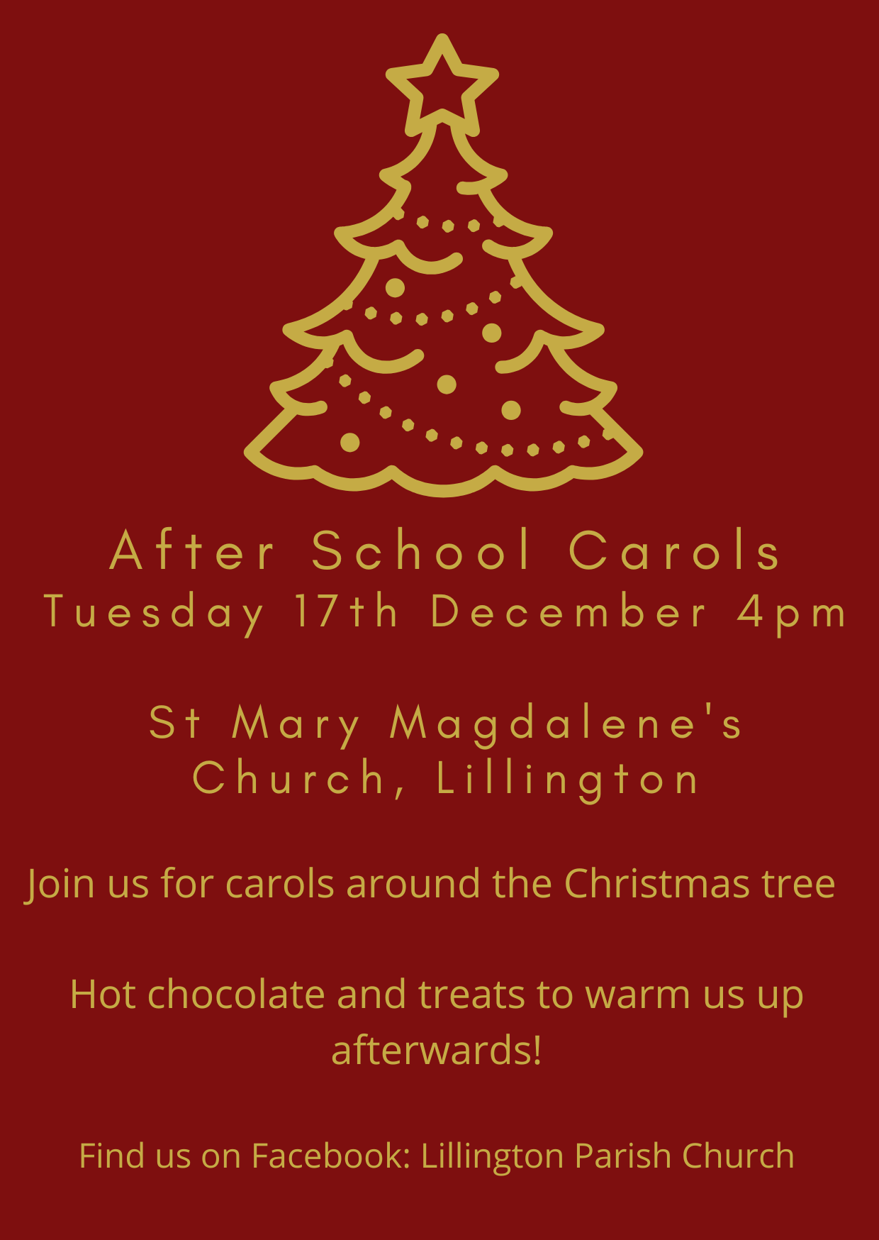 Poster for after-school carols at St. Mary Magdalene's Church on 17th December.