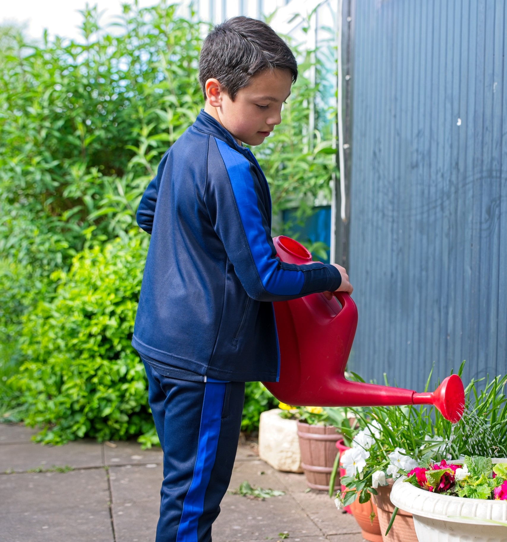 Pupil watering his plants in the playground.